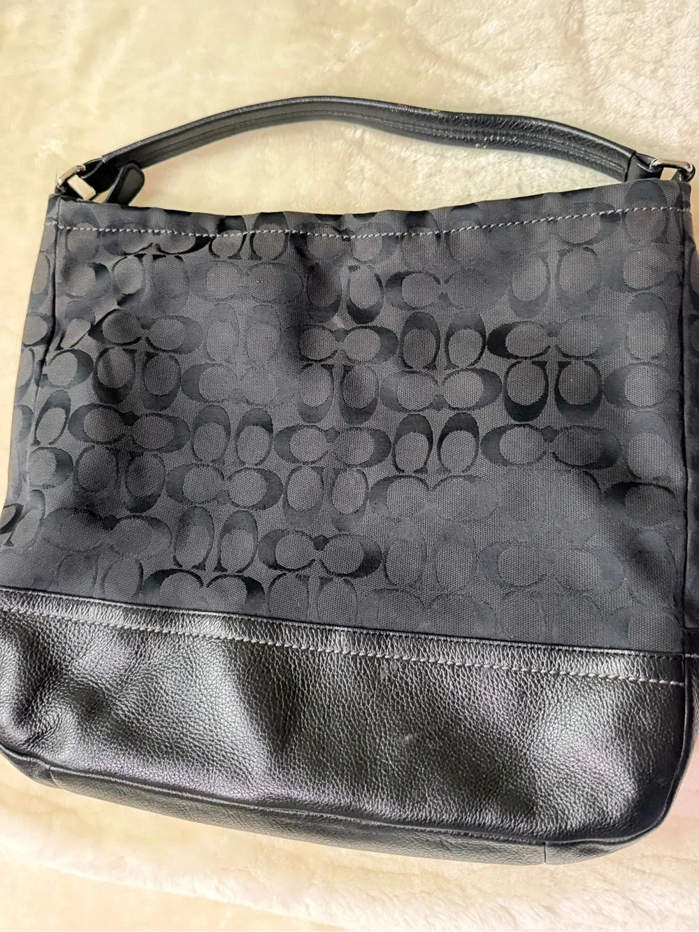 Coach Black Signature Shoulder Bag with Leather Trim
